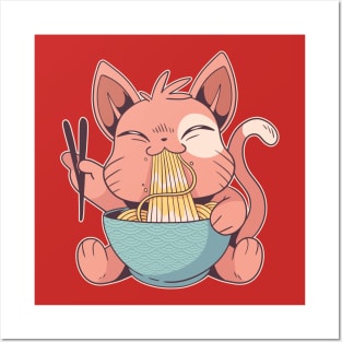 Cat eating ramen noodles Posters and Art